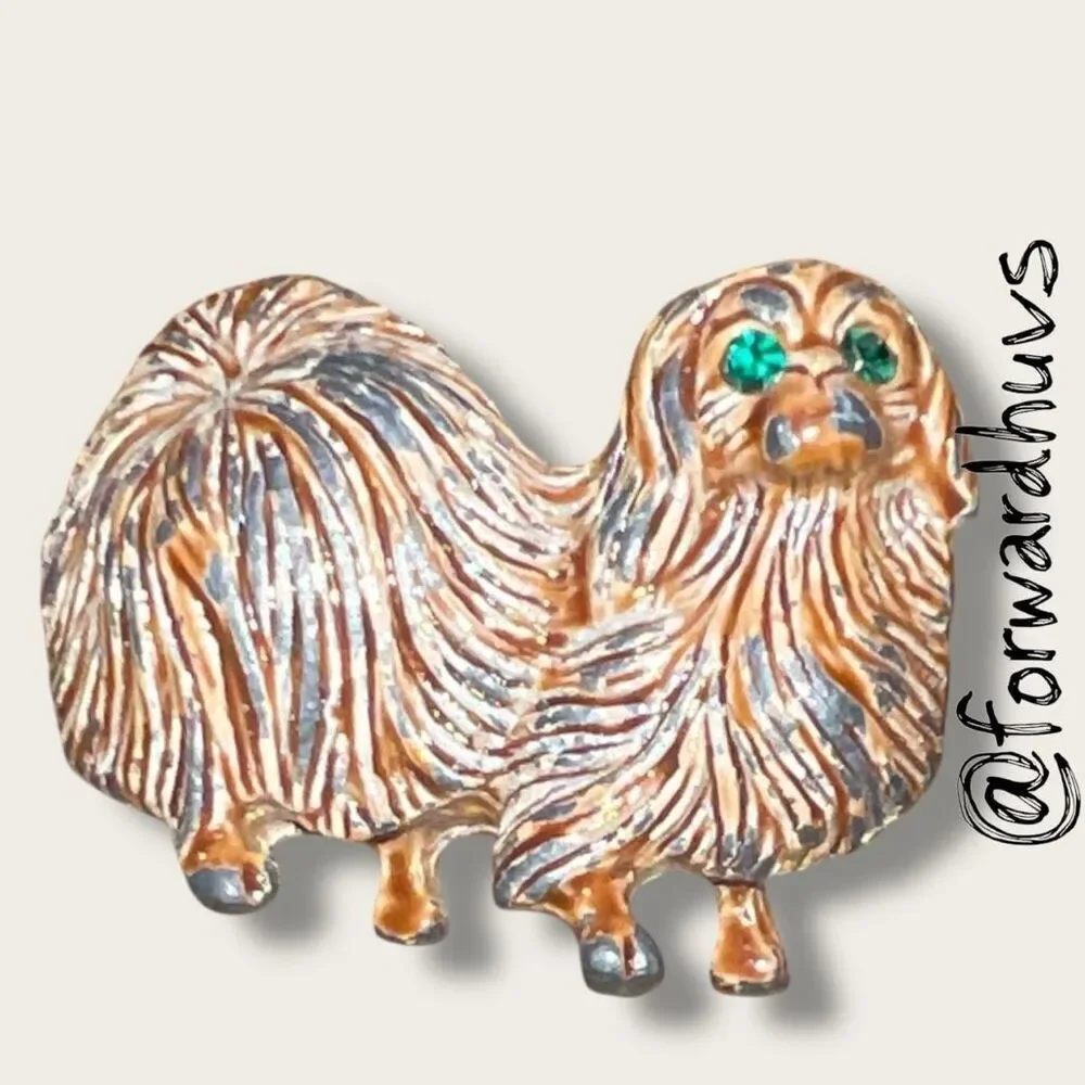 Vintage Gerry’s Pekingese Dog Brooch – Gold & Silver Tone - Green Rhinestone Eye